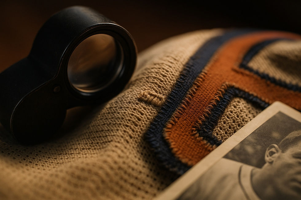 A jeweler's loupe on a game-worn jersey's stitched repair next to a vintage game photograph, the kind of detail used in photo matching