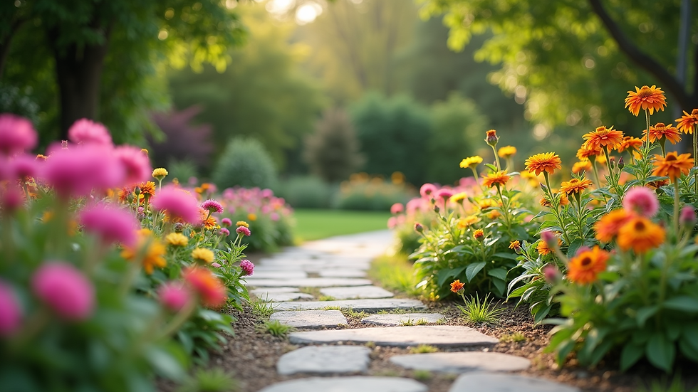 Eye-level view of a well-maintained garden with colorful flowers and stone pathway
