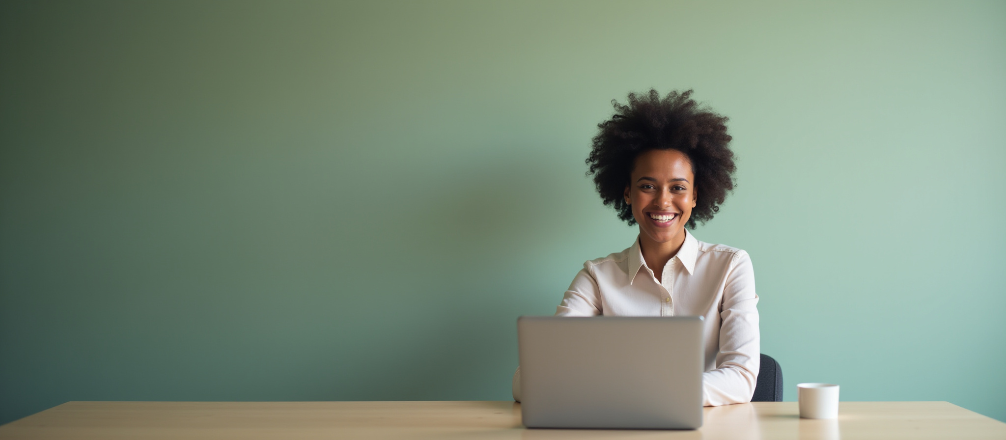 Smiling woman behind desk, working on a laptop