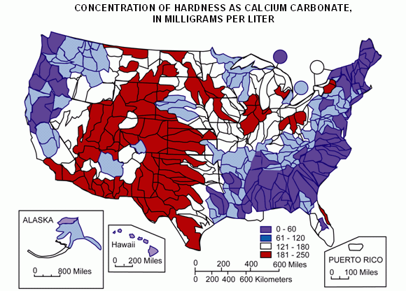 Hard water. Map of hard water in North America. 85 percent of people in North America have hard water.