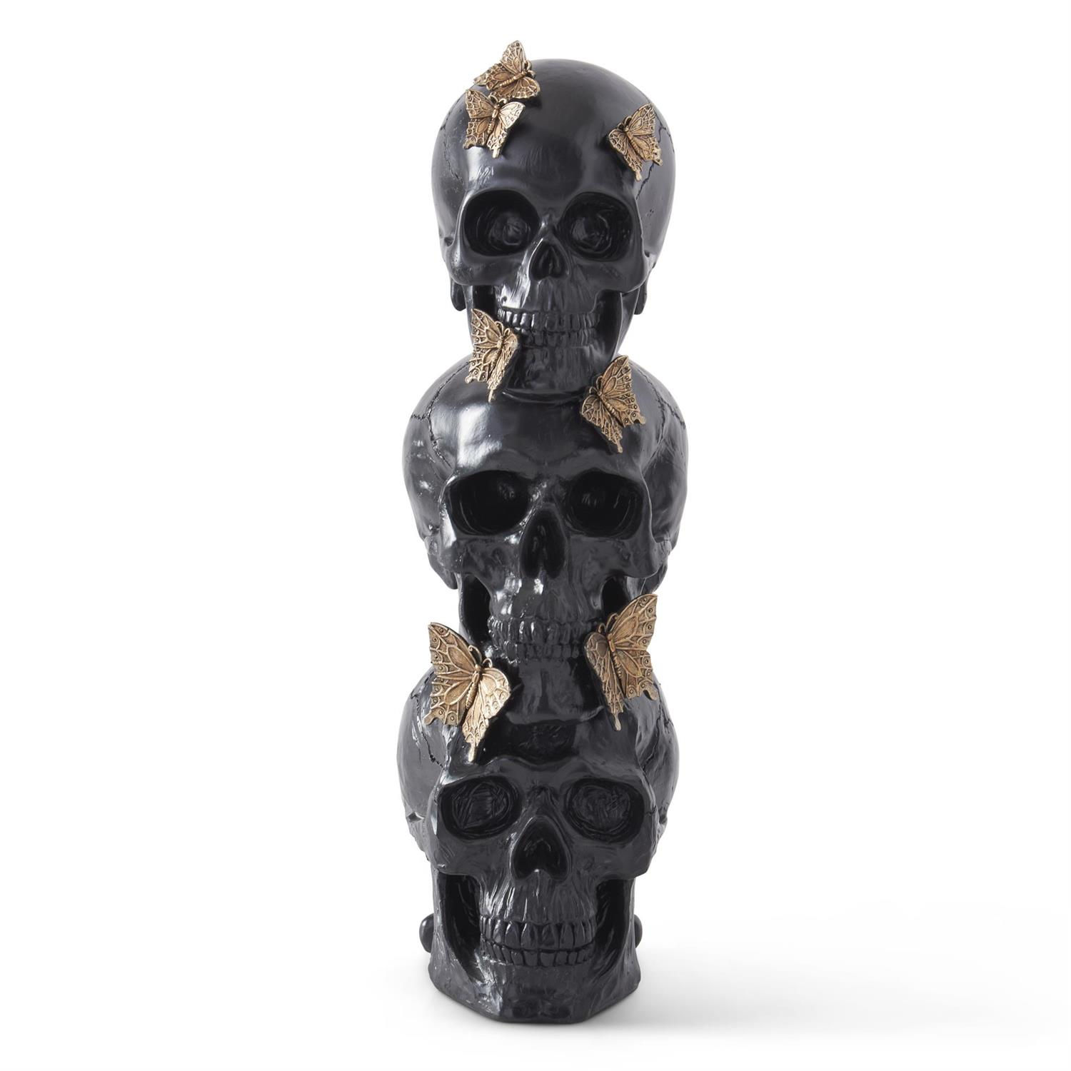 16 Inch Black Resin 3 Stacked Skulls w/Gold Butterflies