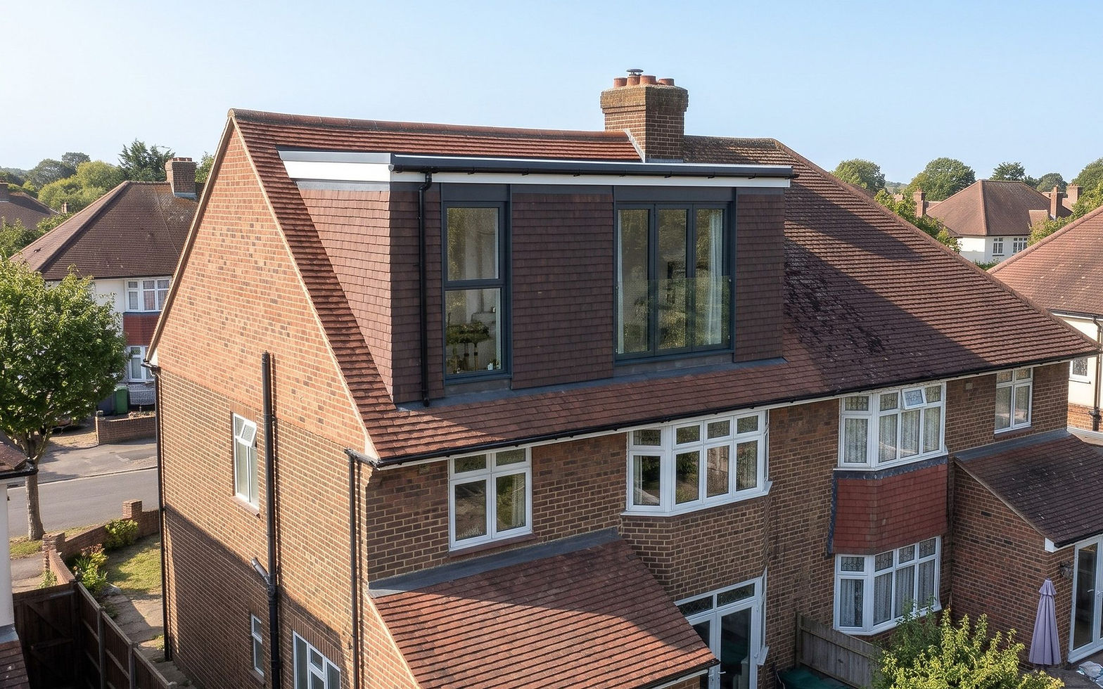Flat-roofed rear dormer loft conversion with slate cladding on a 1930s semi-detached house on a sunny day