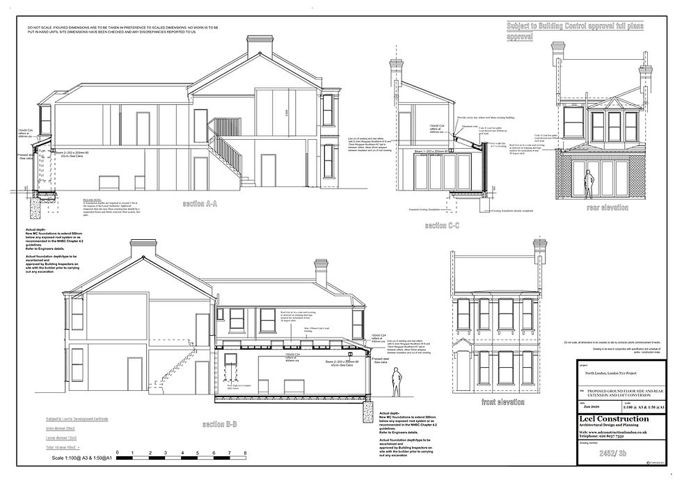 Cross section and elevations of wraparound home extension