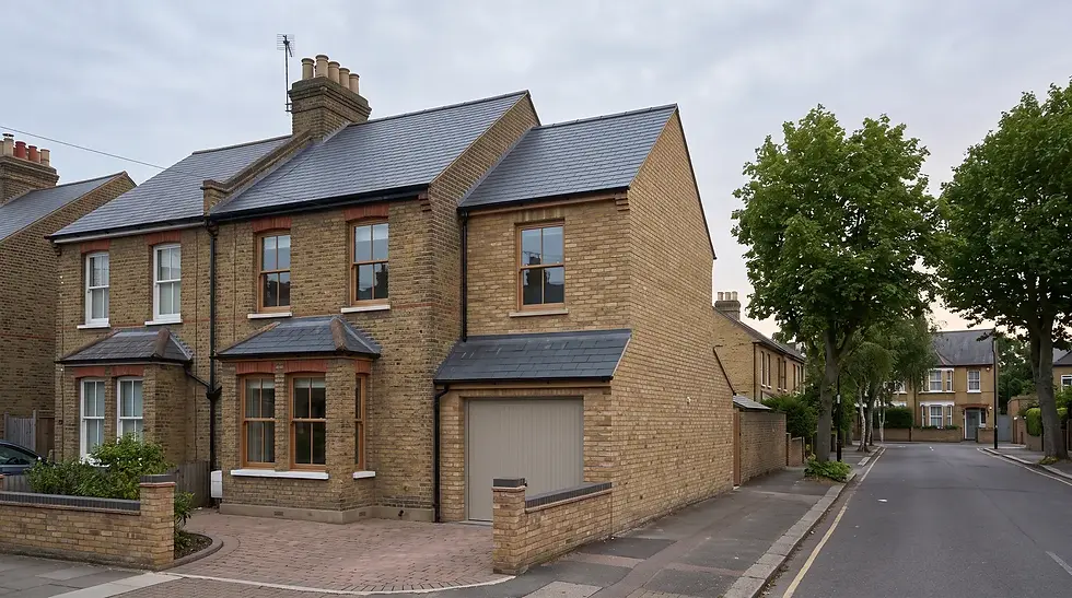First-floor extension above a single-storey side garage on a London semi, matching brick and roof pitch
