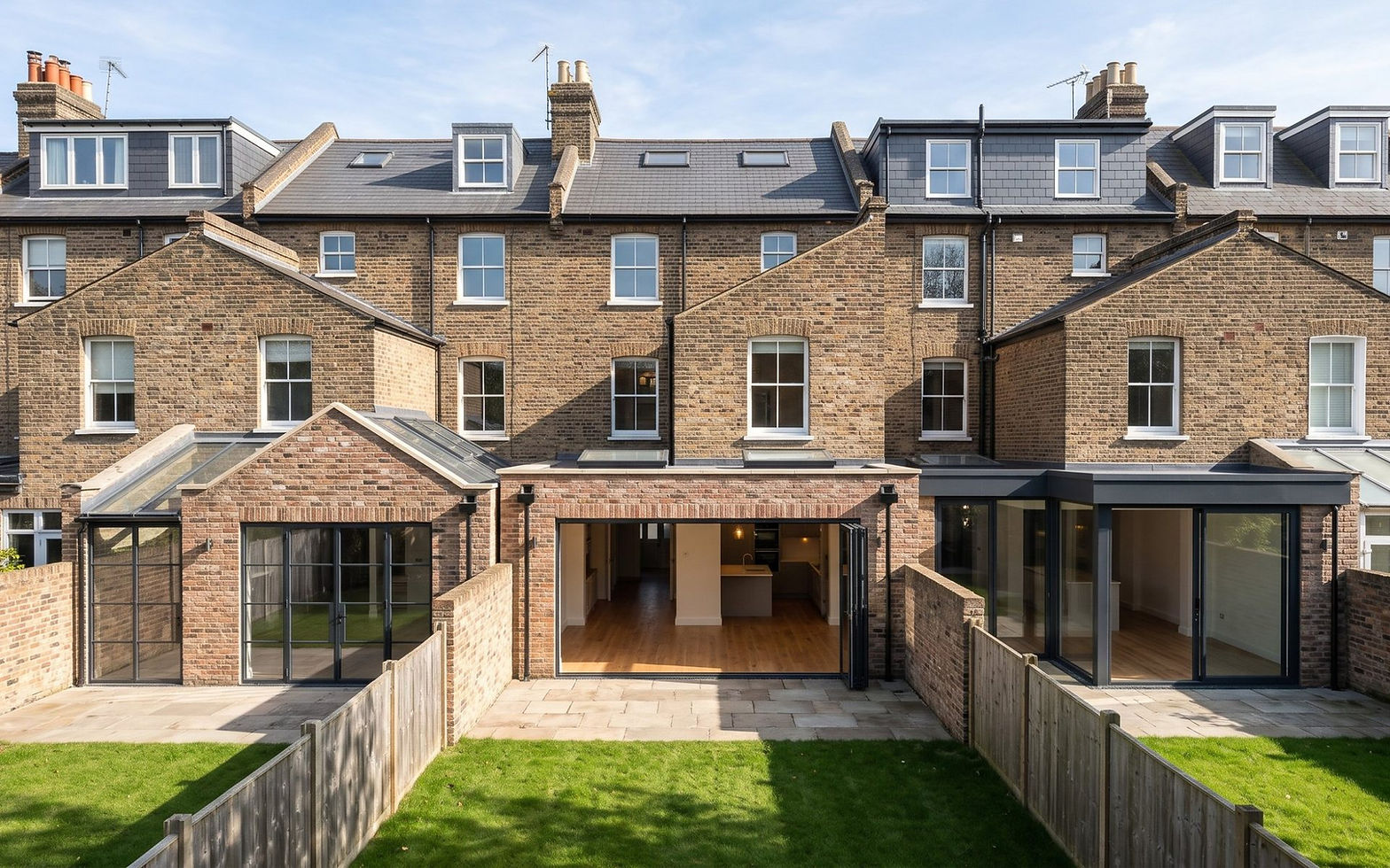 Three London terraced houses each with a different single-storey rear extension on a sunny day