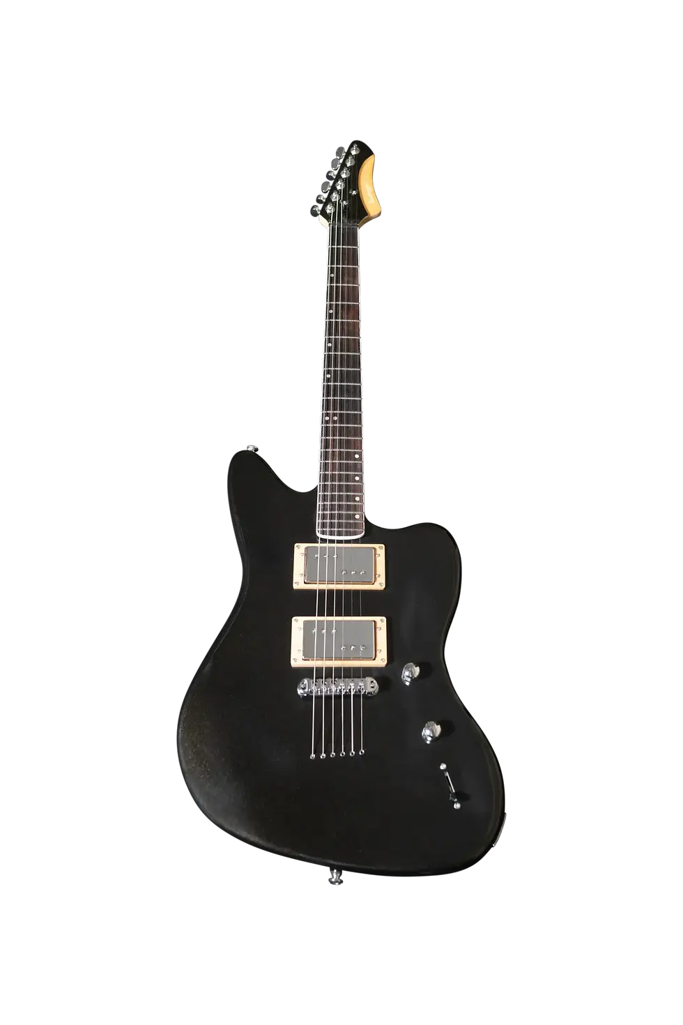 Black Metallic Hounder Electric Guitar in Vertical Position