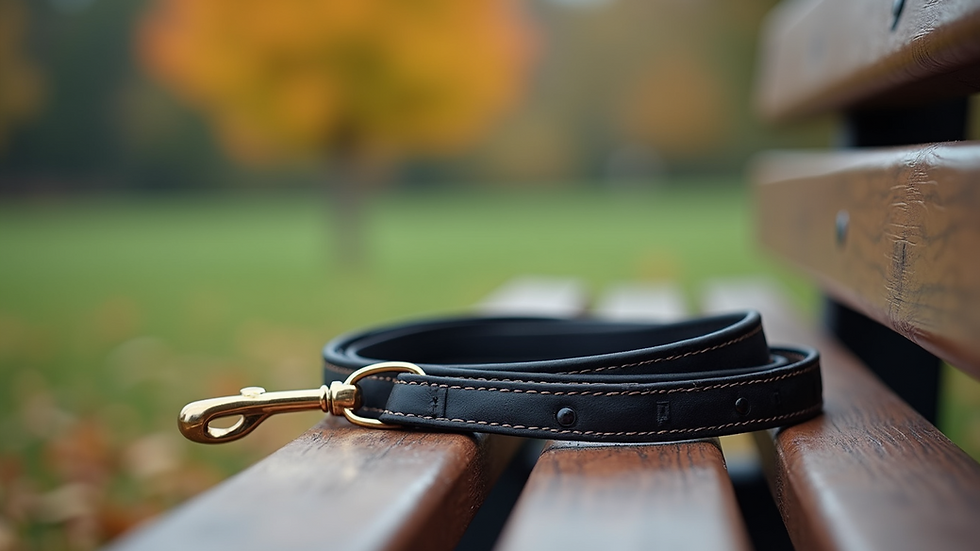 Close-up view of a dog leash and collar on a park bench