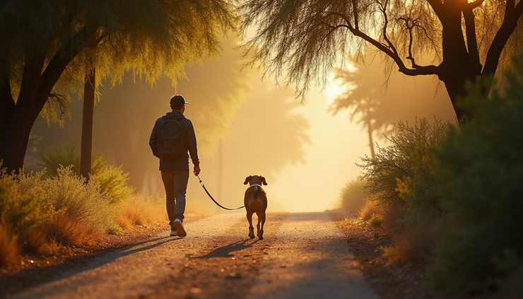 Eye-level view of a person walking a dog along a shaded trail in Phoenix
