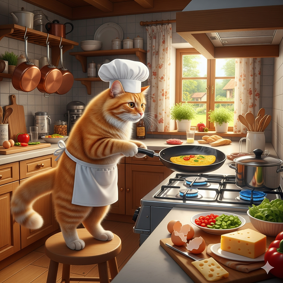 生成AI猫がオムレツを焼いています