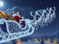 ソリに乗って空を飛ぶサンタクロース