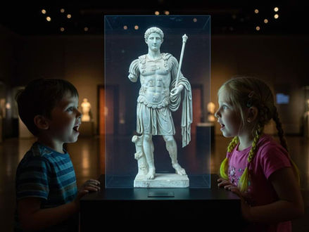  Brother and sister are amazed by a hologram of a Roman sculpture on display at a museum