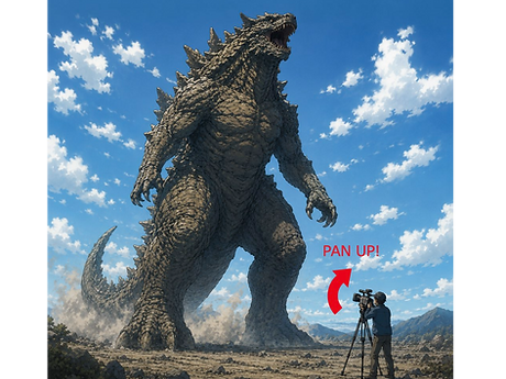 背が高い怪獣を捉えるためにパンアップしているカメラマン