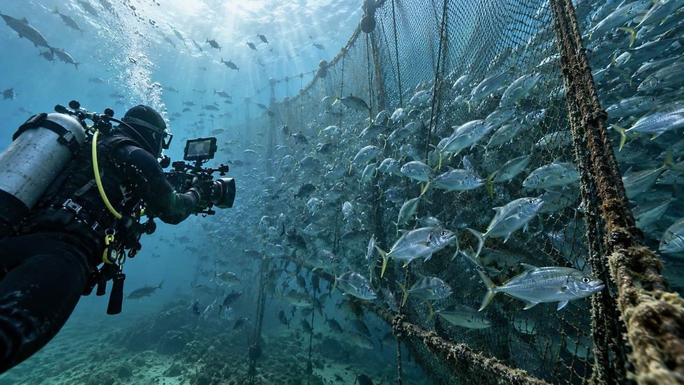 網に入った魚群を撮影するダイバー