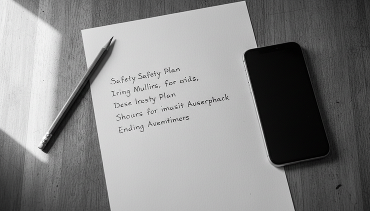 Overhead view of a small safety plan written on paper beside a phone with a blank screen