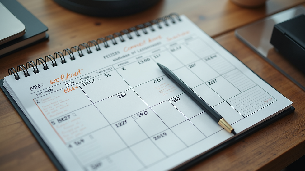 High angle view of a calendar with workout schedule and notes