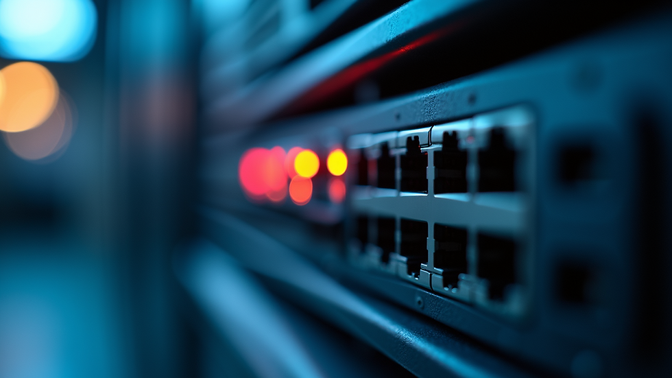 Close-up view of a network switch with blinking indicator lights