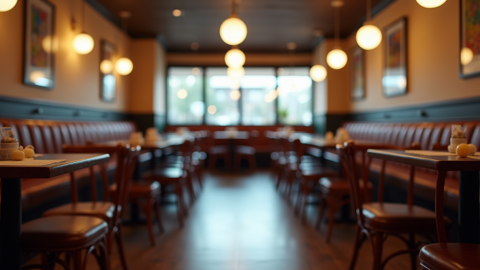 High angle view of a pizza restaurant interior with tables and chairs