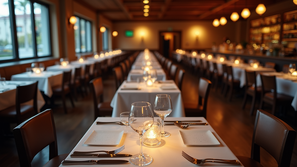 High angle view of restaurant dining area with tables set for dinner