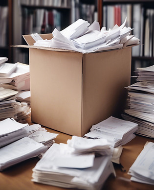 box of receipts on a desk with piles of books.jpg