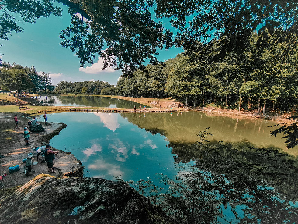 Panoramica su Lago Lungo da un lato del villaggio, in una giornata di fine estate 2020 con cielo sereno. Relax e natura.