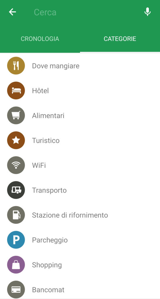Esempio di categorie di ricerca.