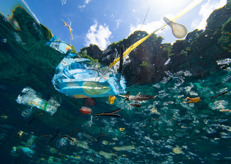 Oceano pieno di rifiuti di plastica, immondizia e detriti. Immagine presa dal web
