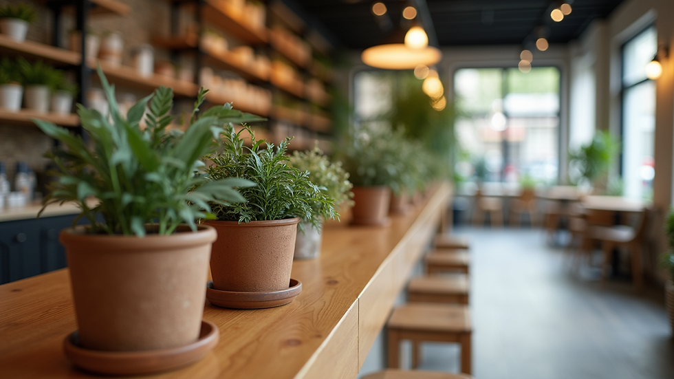Close-up view of a stylish wooden counter with decorative plants in a retail store