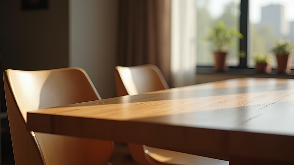 Close-up view of a premium wooden dining table with elegant chairs