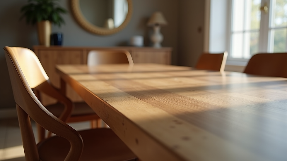Close-up view of a premium wooden dining table with elegant chairs
