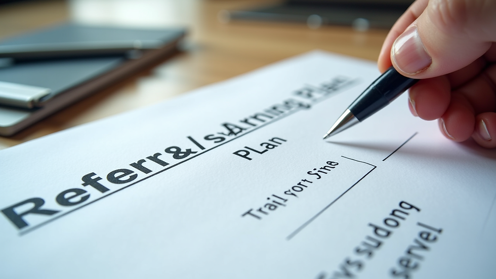 Close-up view of a referral marketing plan document on a desk with a pen