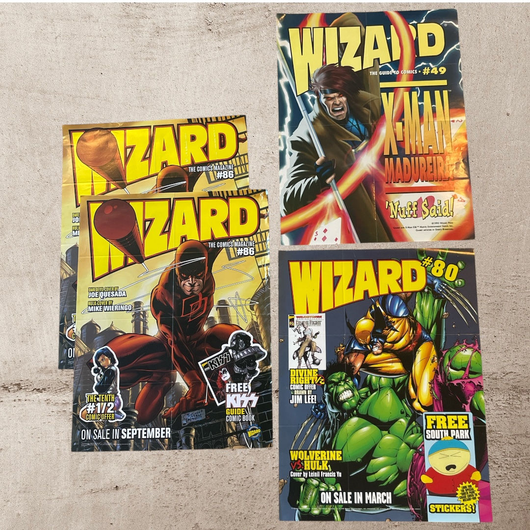 Lot (4) of Vintage 90s Wizard Comic Posters! Daredevil-Wolverine vs Hulk-Gambit!