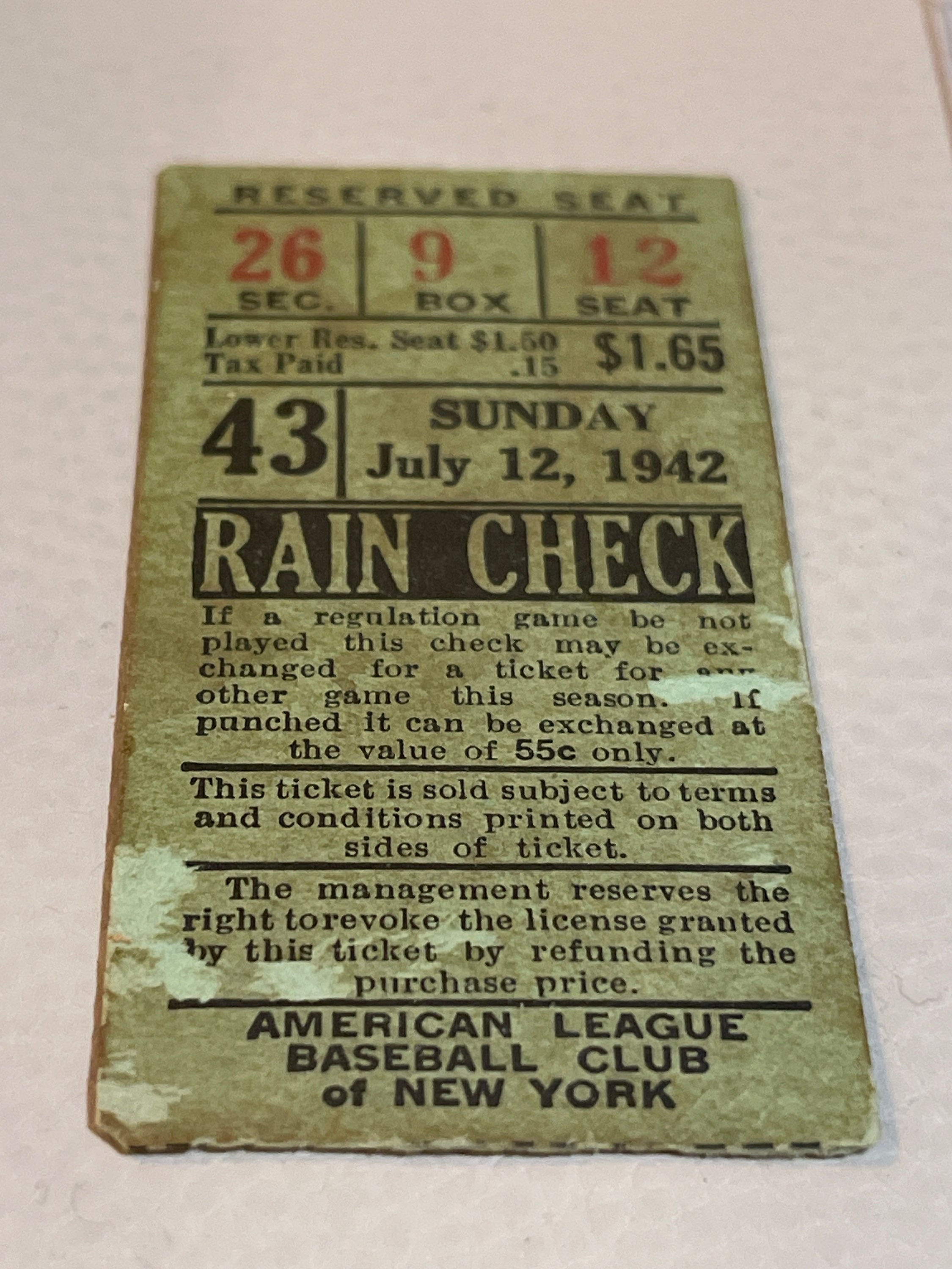 Rare July 12th, 1942 New York Yankees vs Detroit Tigers Ticket Stub!