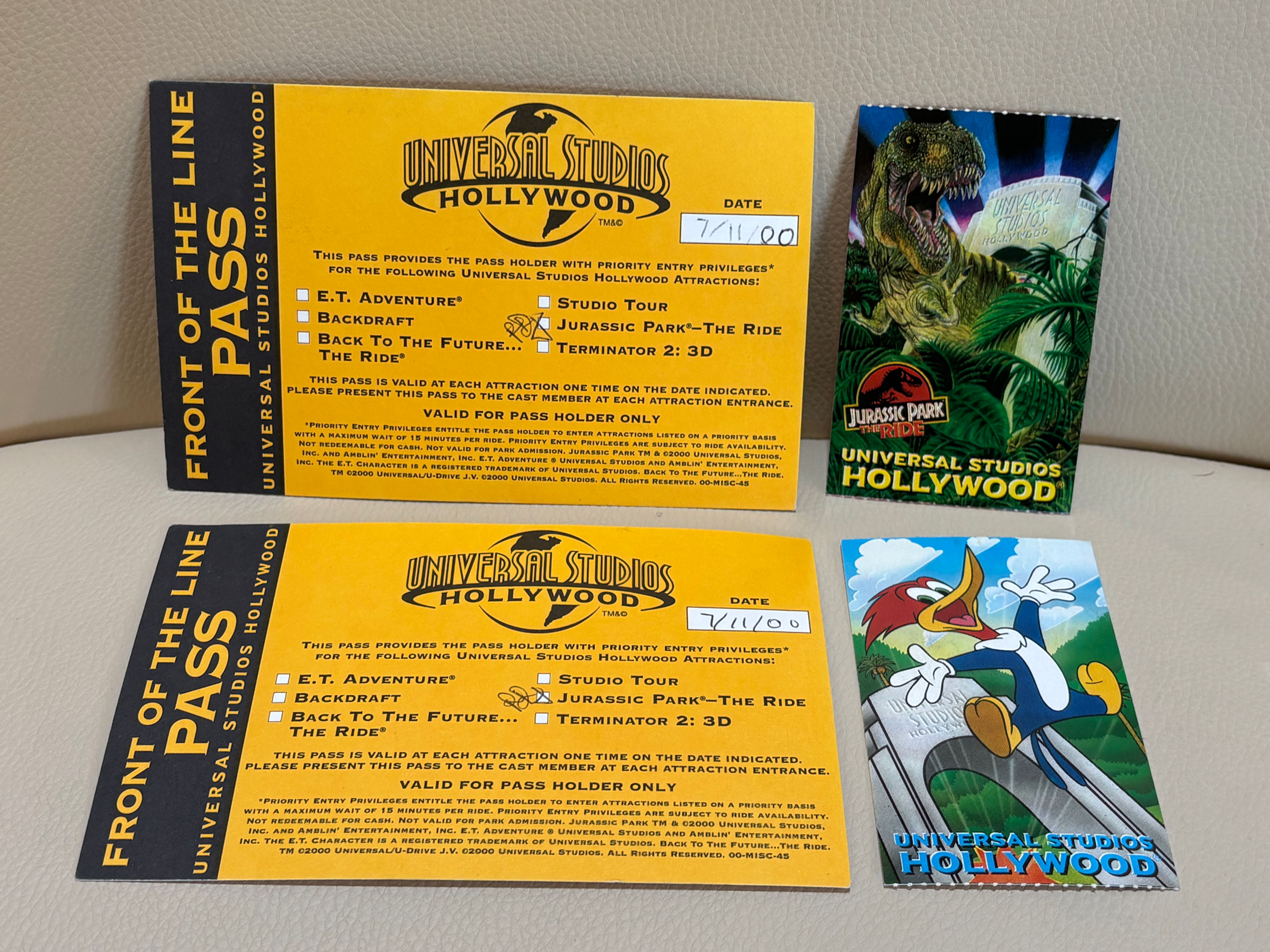 Universal Studios 2000 Priority Passes (2) & Admission Tickets (2) Jurassic Park