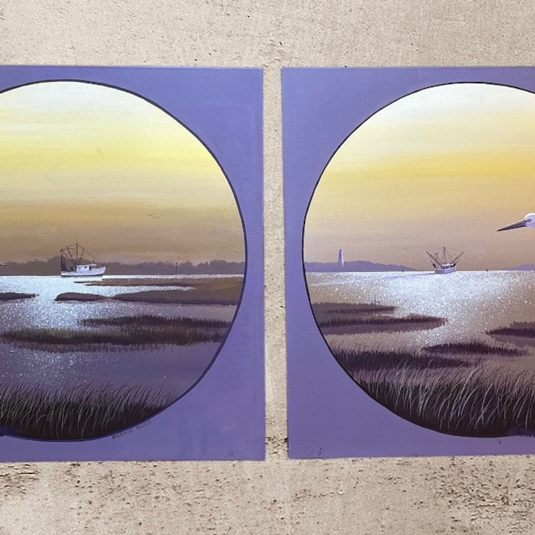 Barnie Slice Coastal Bird Paintings – Purple/Yellow 'Vigil I & II' – Set of 2