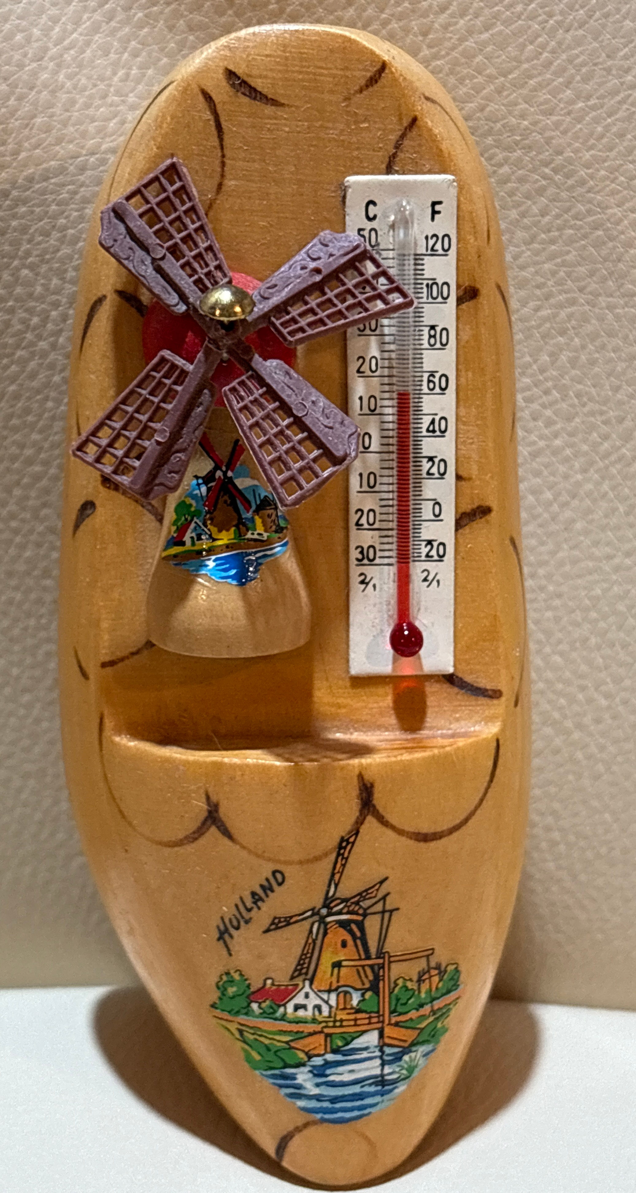 Vintage Holland Wooden Clog Souvenir w/ Thermometer & Windmill – Dutch Gift