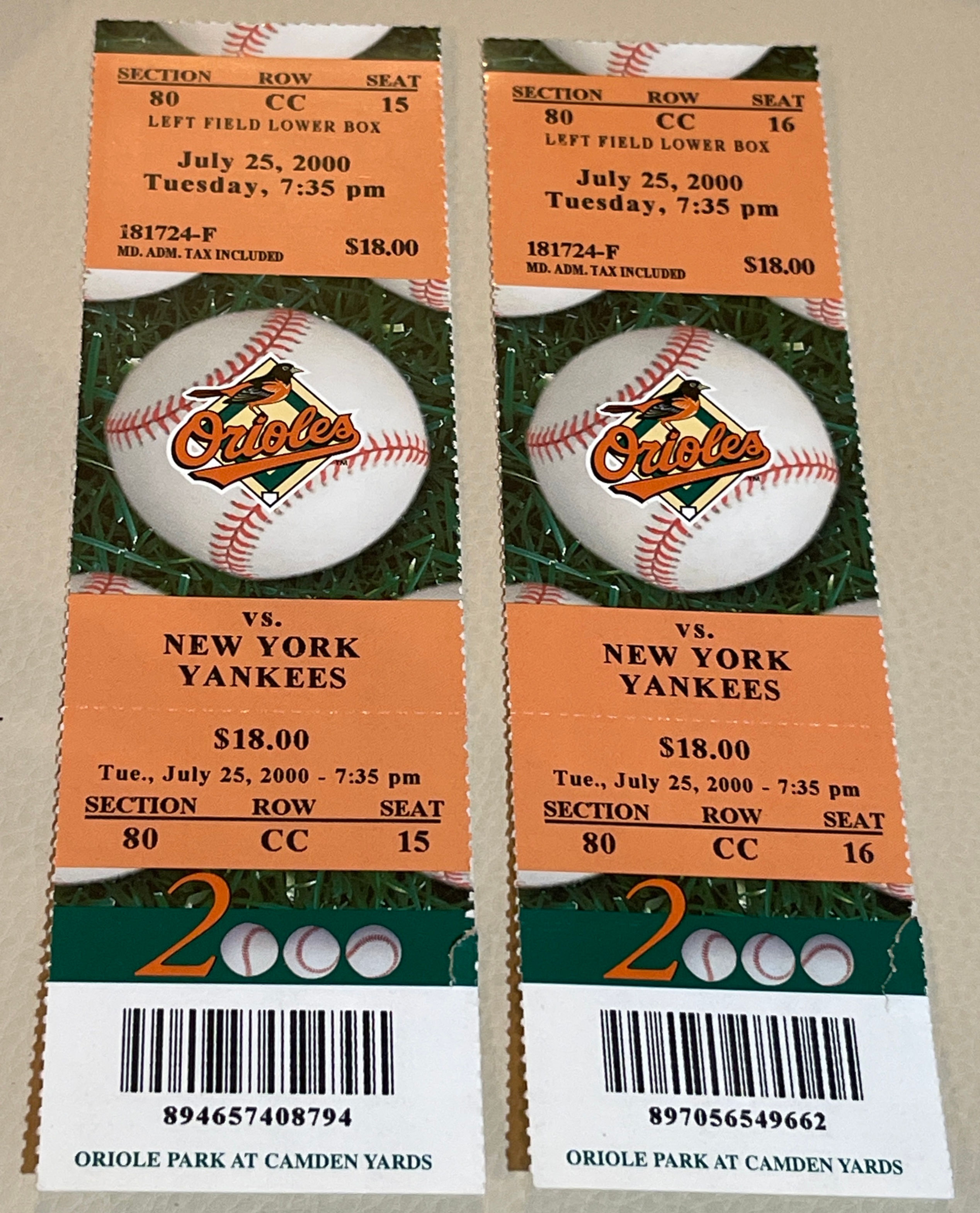 July 25, 2000 ORIOLES vs YANKEES Full Ticket Stubs (2) YANKS WIN 19-1!