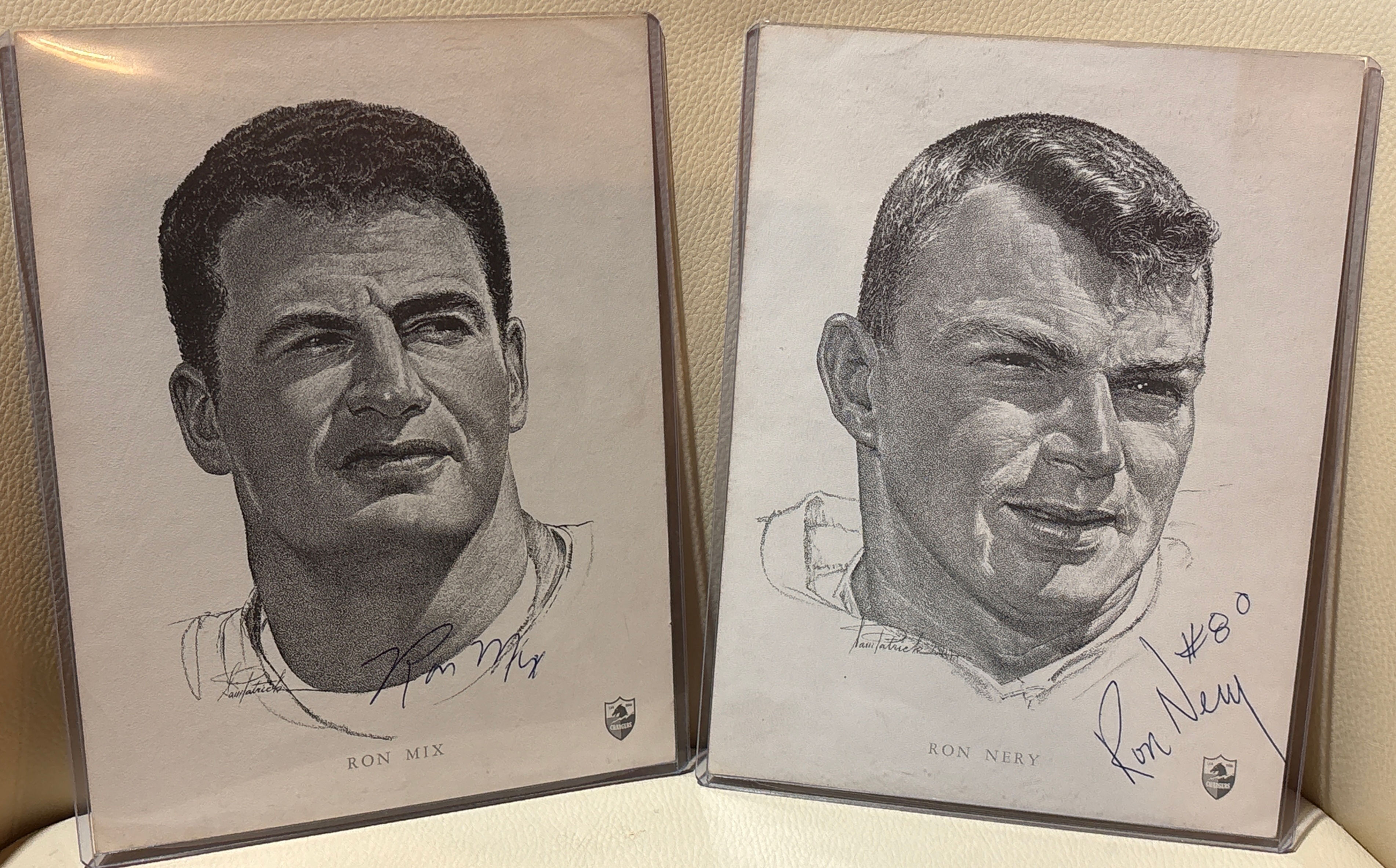 Two 1962 Union Oil San Diego Chargers Ron Nix & Ron Nery 6x8" Autographed Cards!