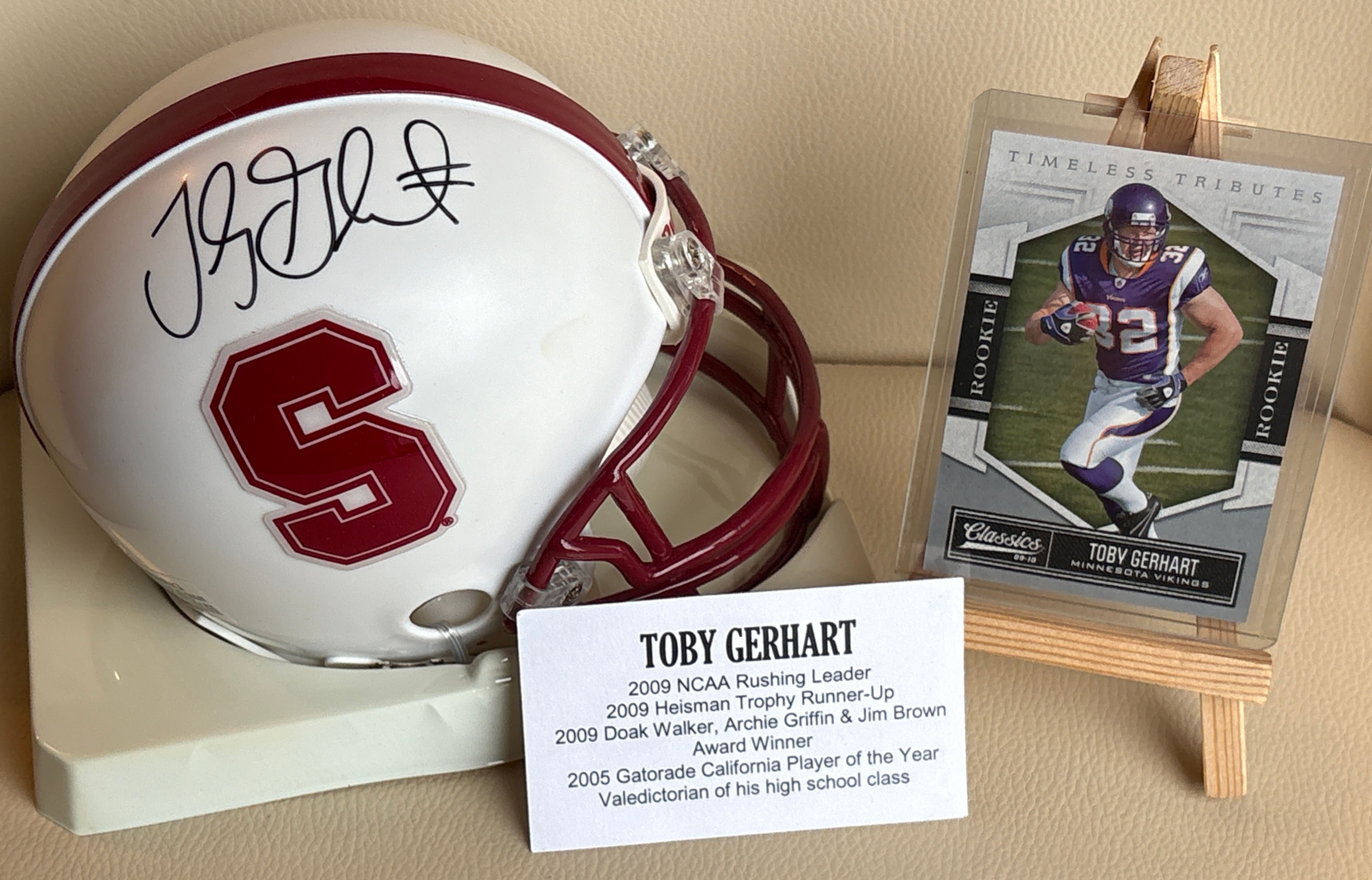 Toby Gerhart Auto NCAA Stanford Cardinal Mini Helmet & RC - Tristar COA!