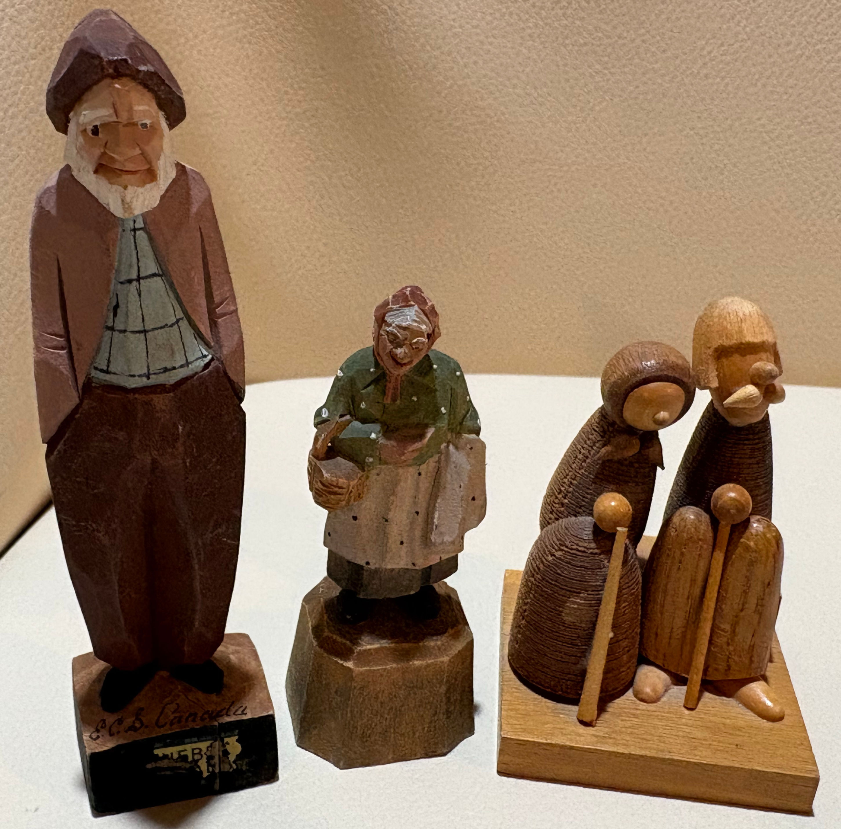 Lot of 3 Wooden Elderly Folk Art Figurines – E.C.S. Canada & Unmarked Carvings