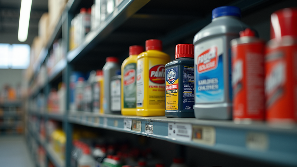 Eye-level view of a shelf stocked with various grease containers in an Australian automotive store