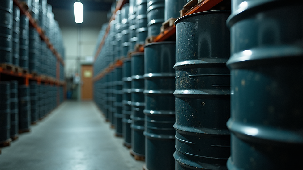 Eye-level view of lubricant drums stacked in a storage facility