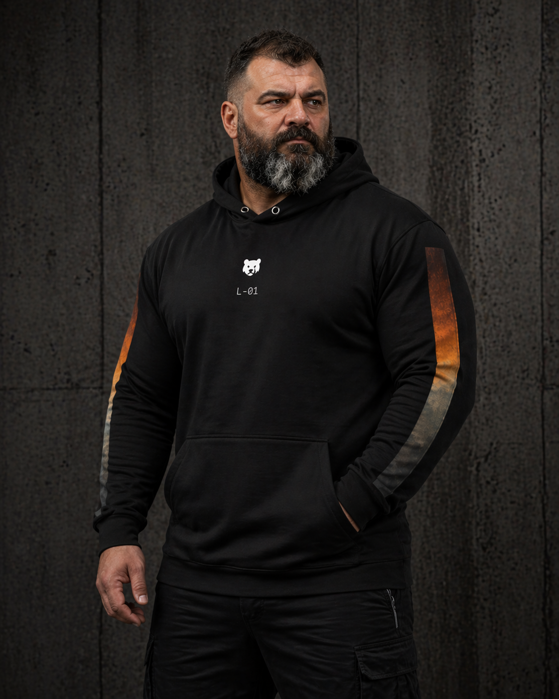 Mens Black Hoodie with Gradient Sleeve – Minimal Streetwear L-01
