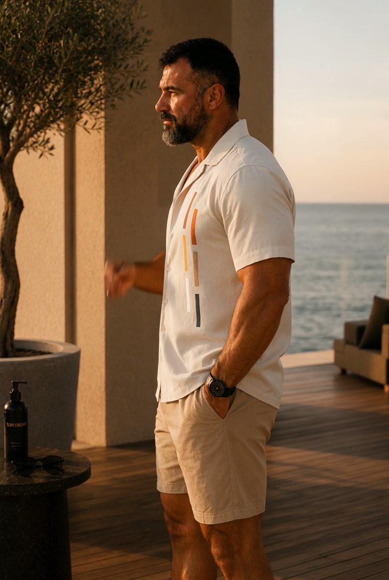 Thumbnail: Cream Resort Shirt for Men | Camp Collar Button Shirt | Oversized Beach Shirt