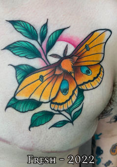 Orange moth chest tattoo with green leaves