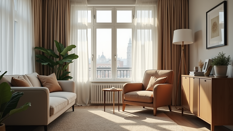 Eye-level view of a cozy living room with a comfortable armchair and a small side table
