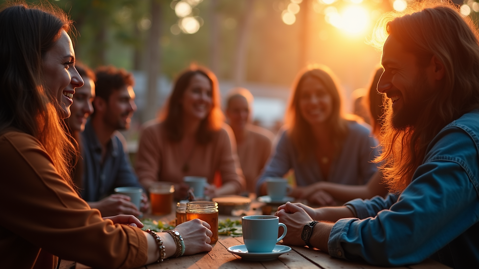 Wide angle view of a community gathering discussing psychedelics