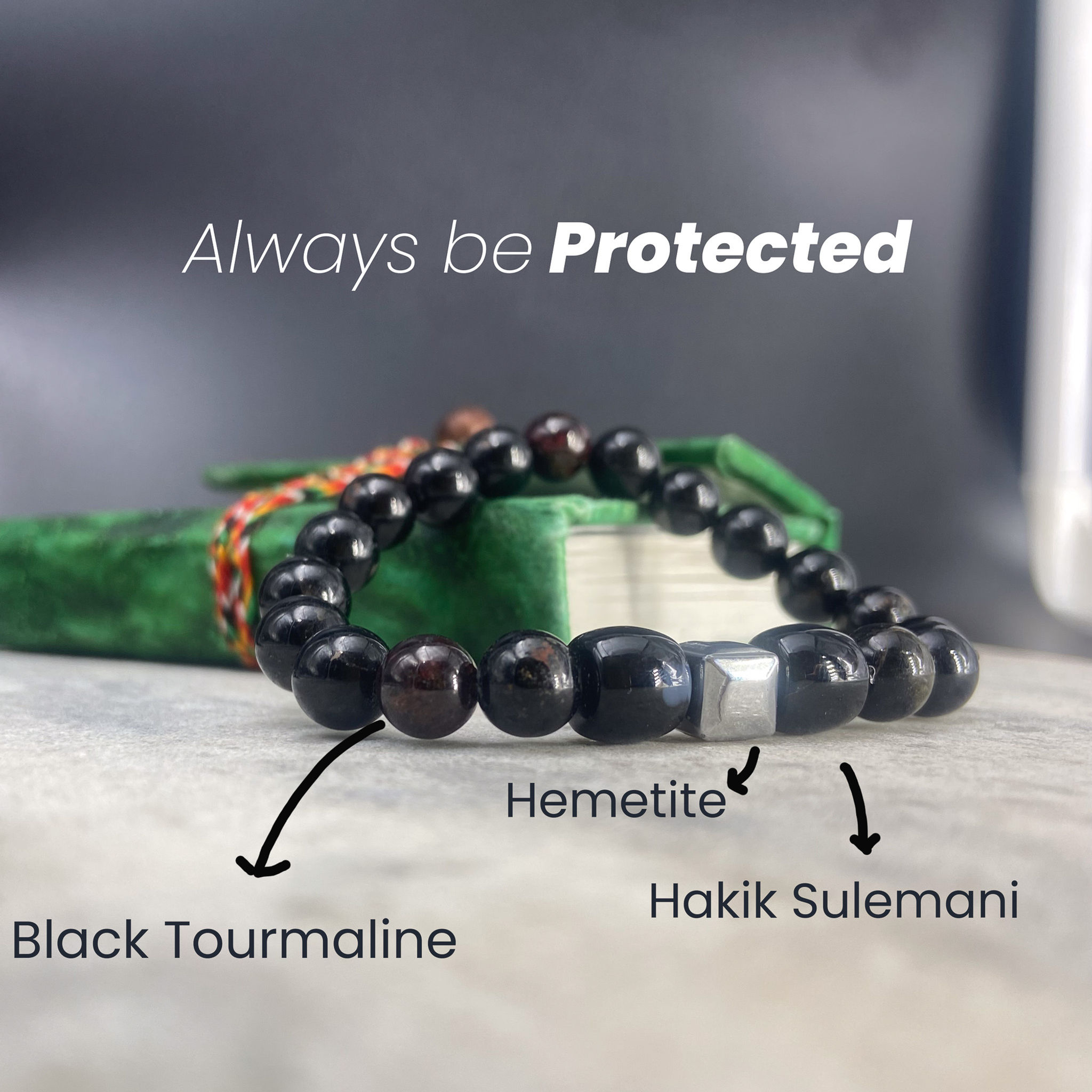 Triple Protection Crystal Bracelet with Black Tourmaline, Hakik Sulemani and Hematite for protection and energy balance