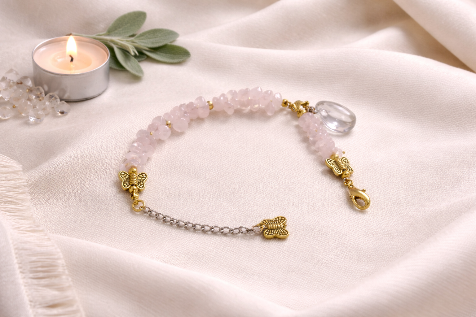Rose Quartz Crystal Bracelet with butterfly and heart charms healing crystal jewelry for love manifestation and positive ener