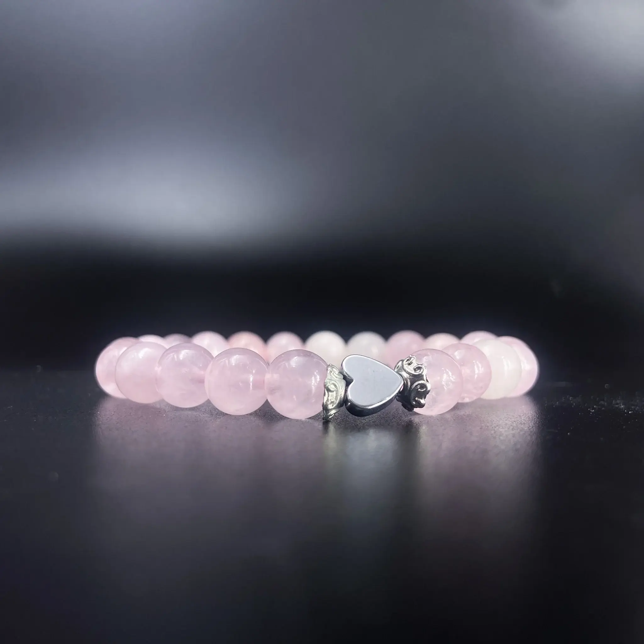 Rose Quartz & Hematite Love Bracelet (Heart Charm) (Energy & Clarity & Love &