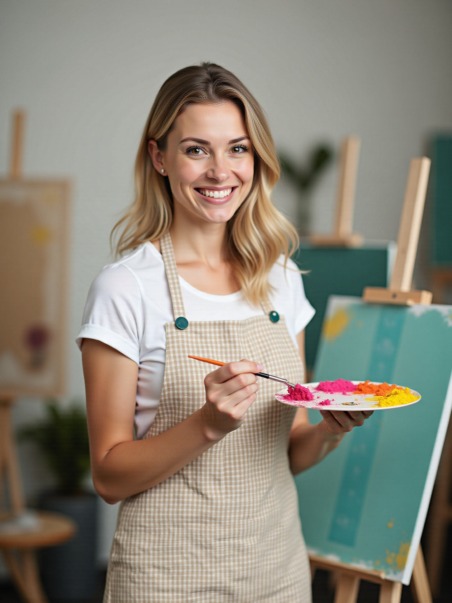 Smiling woman artist holding a paintbrush and palette.
